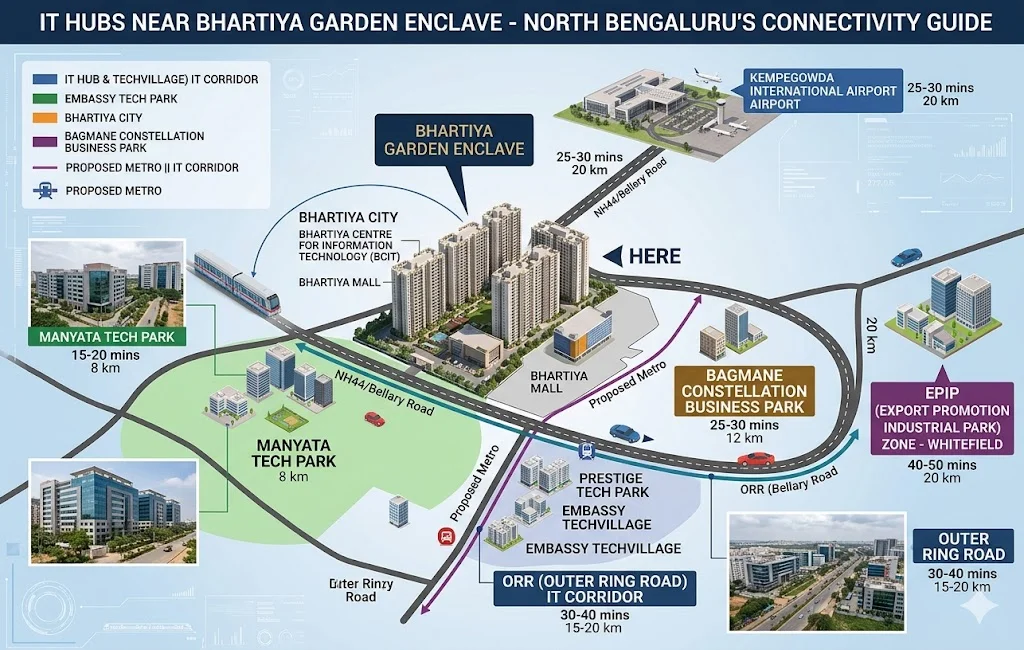 Map of IT corridors near Bhartiya Garden Enclave including Prestige Tech Cloud, KIADB Aerospace Park, and Manyata Tech Park.